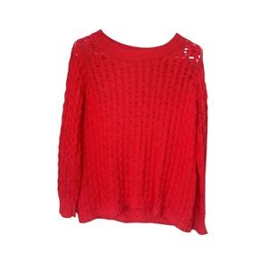 Forever 21 Women Coral Open Cable Knit Crewneck Long Sleeve Sweater Comfort S